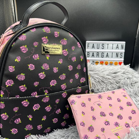 Juicy Couture Handbags - NWT Juicy Couture Backpack Blooms At Night Black/Pink w/Purple Roses W/Extra